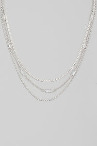 Rectangle Rhinestones Layered Chains Necklace - Silver