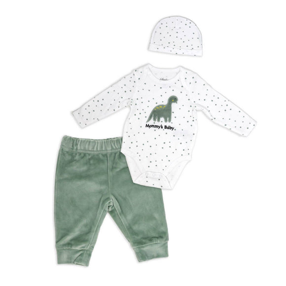 Baby Boys 3 Piece Plush Pant Set: Green Dinosaur