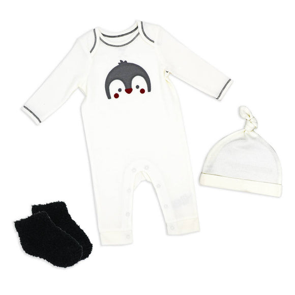 Baby Neutral 3-Piece Waffle Coverall Set: Penguin