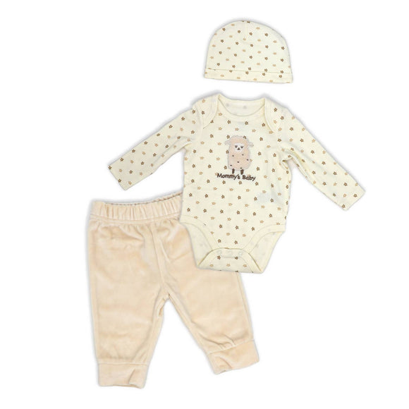 Baby Girls 3 Piece Plush Pant Set: Cream Sheep